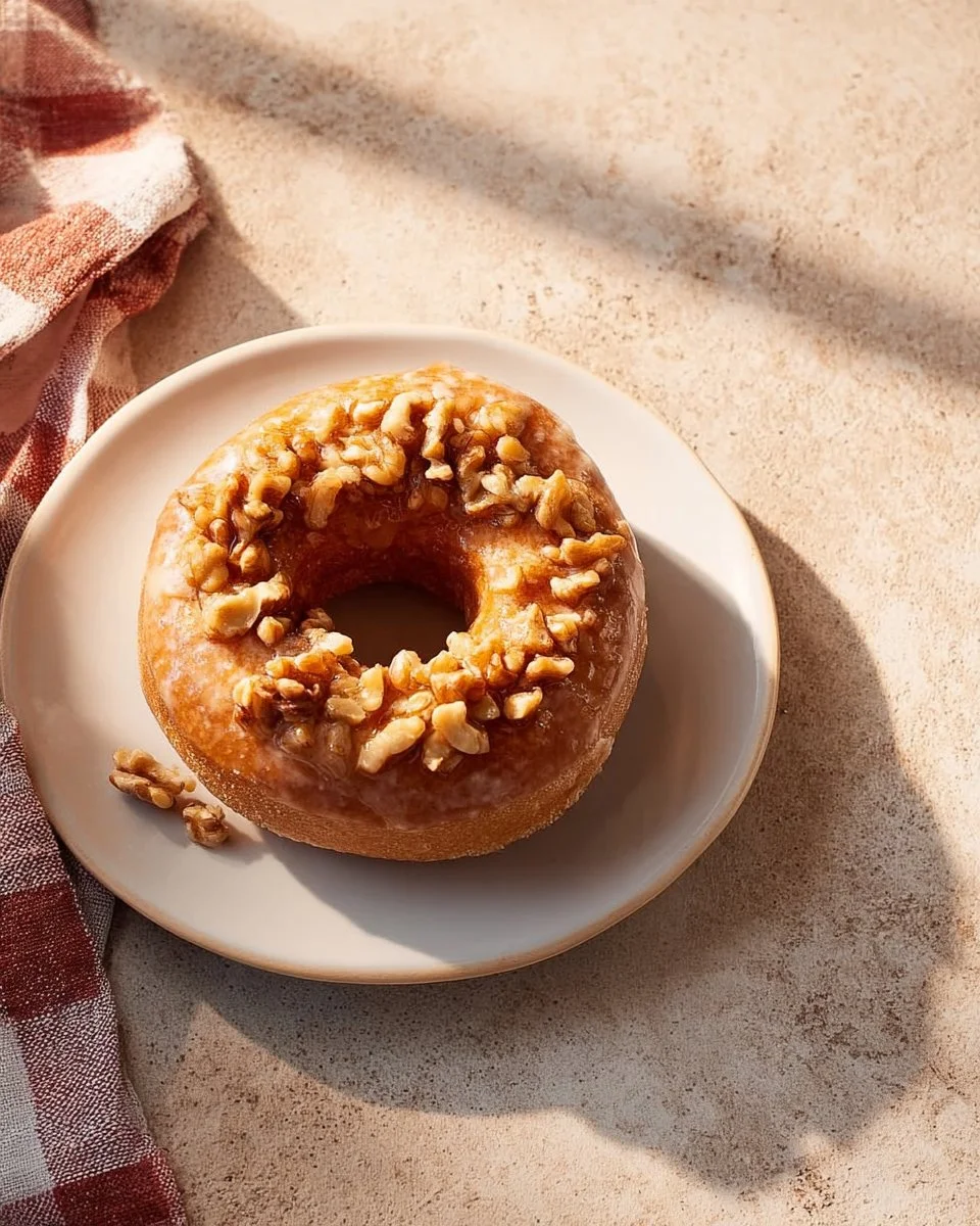 Delicious maple doughnuts drizzled with maple glaze on a rustic wooden table.