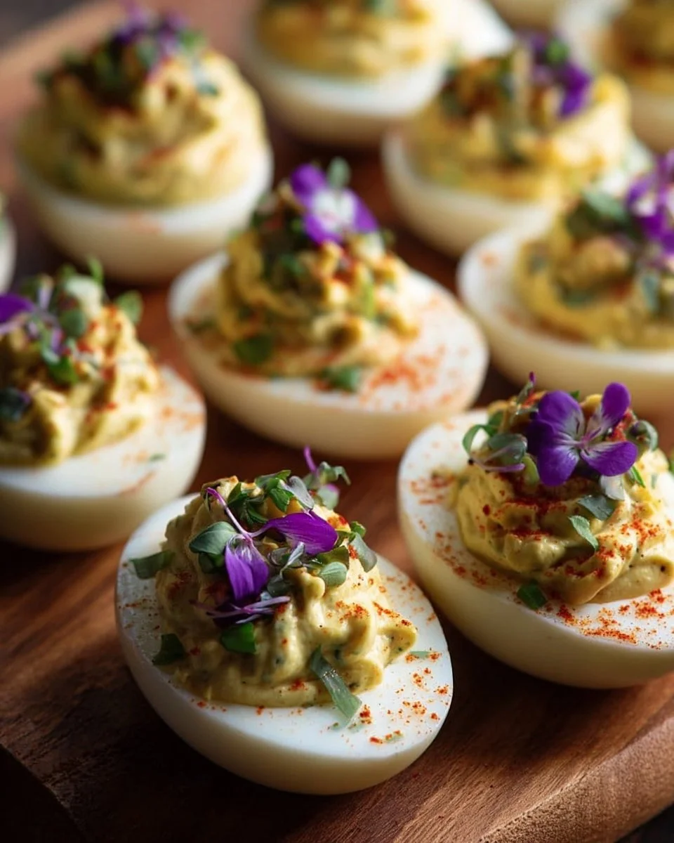 Colorful Mardi Gras deviled eggs topped with festive garnishes