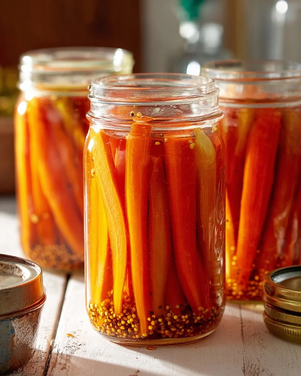 Homemade pickled carrots jar with fresh spices and herbs
