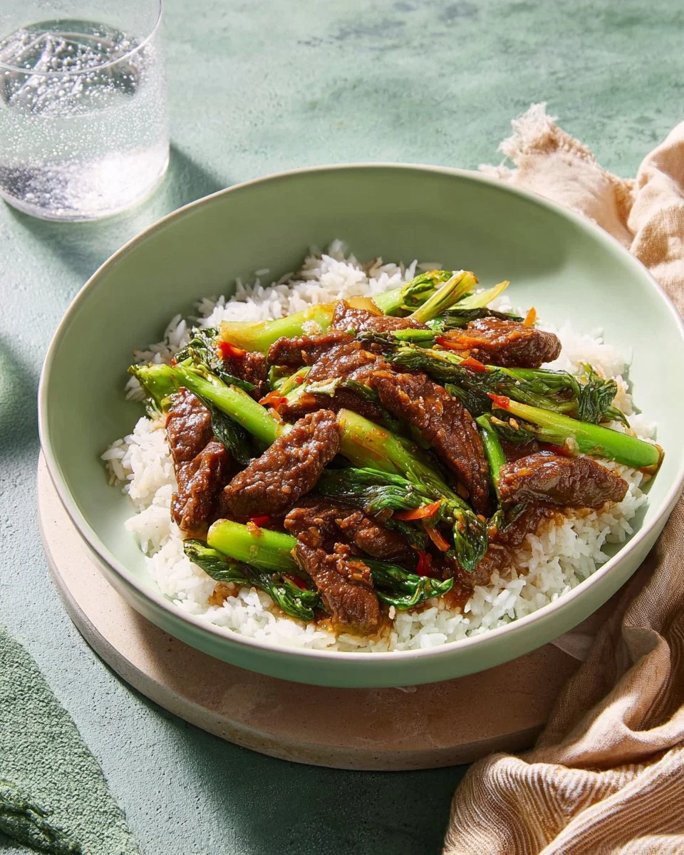 Plate of Mongolian Beef with spring onions garnished for flavor