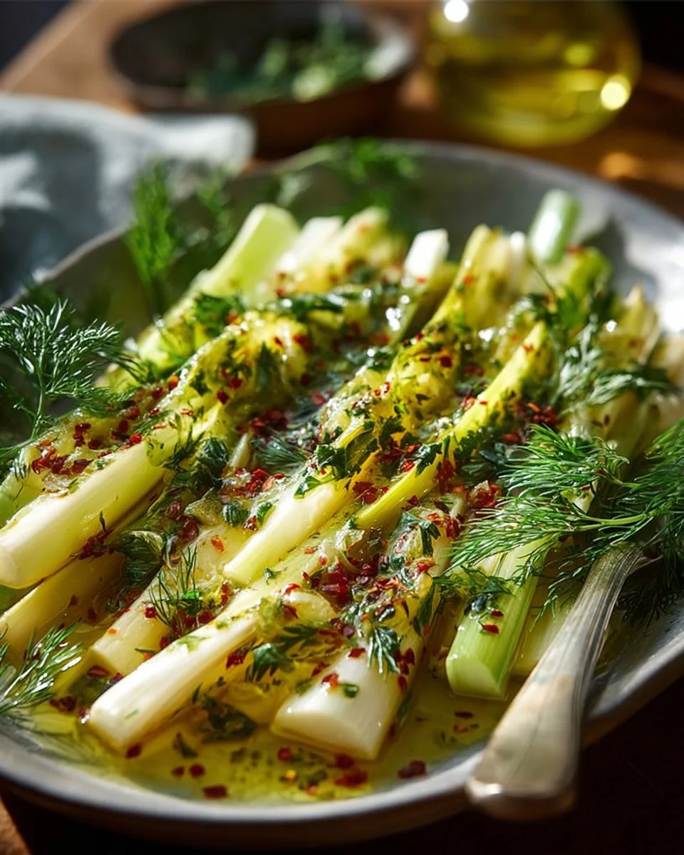 Plate of Mustard Dill Leeks garnished with herbs