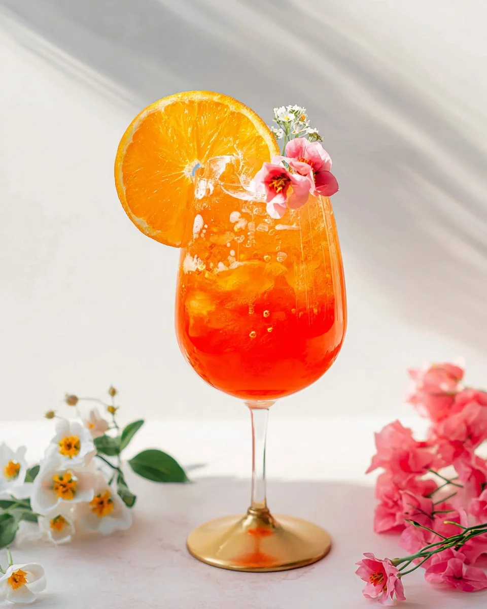 Non Alcoholic Aperol Spritz Mocktail served in a glass with fresh garnishes