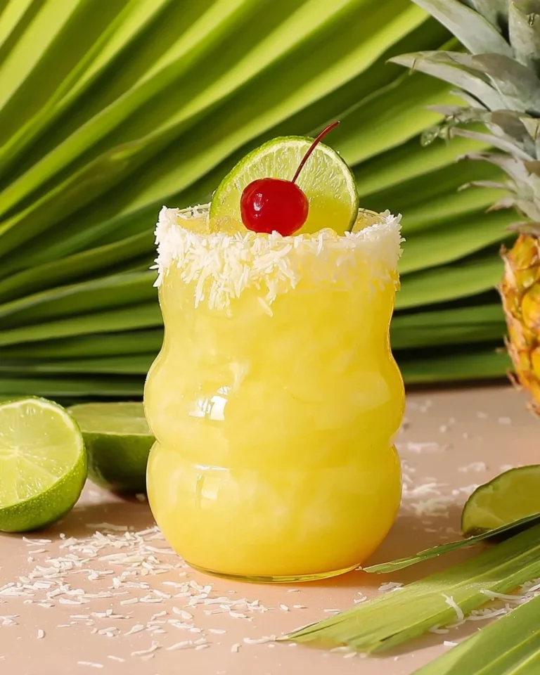 Refreshing non-alcoholic pina colada punch in a glass with tropical garnishes