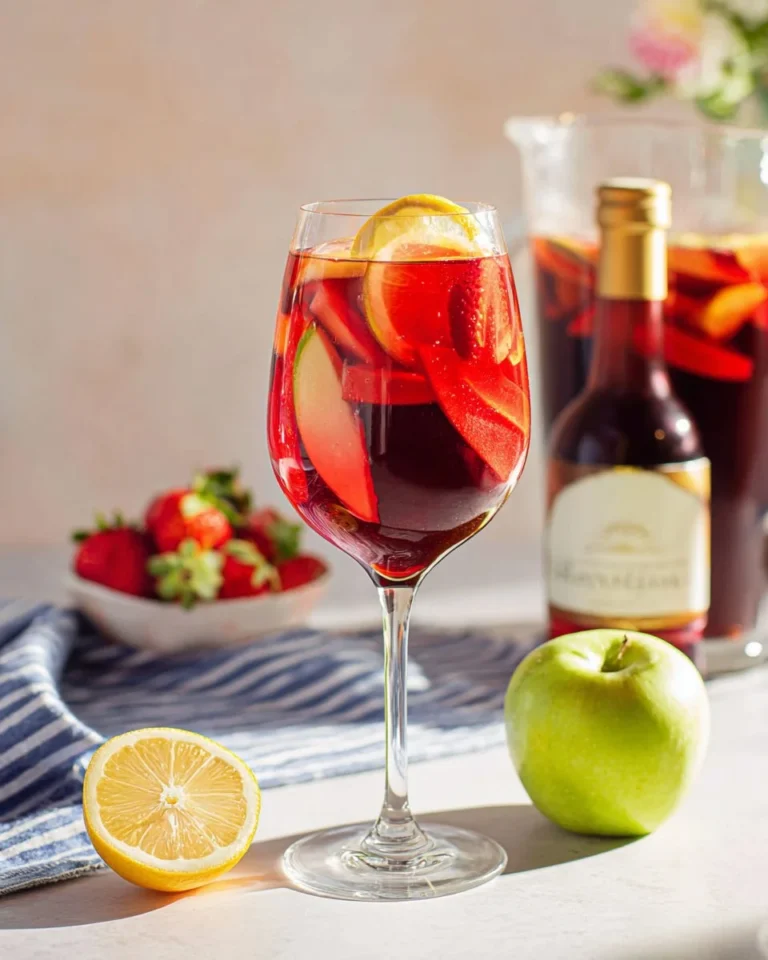 A refreshing Non Alcoholic Sangria served in a glass with fresh fruits.