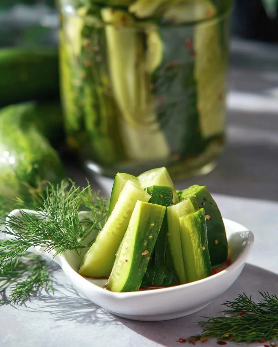 Spicy refrigerator pickles in a jar with fresh ingredients