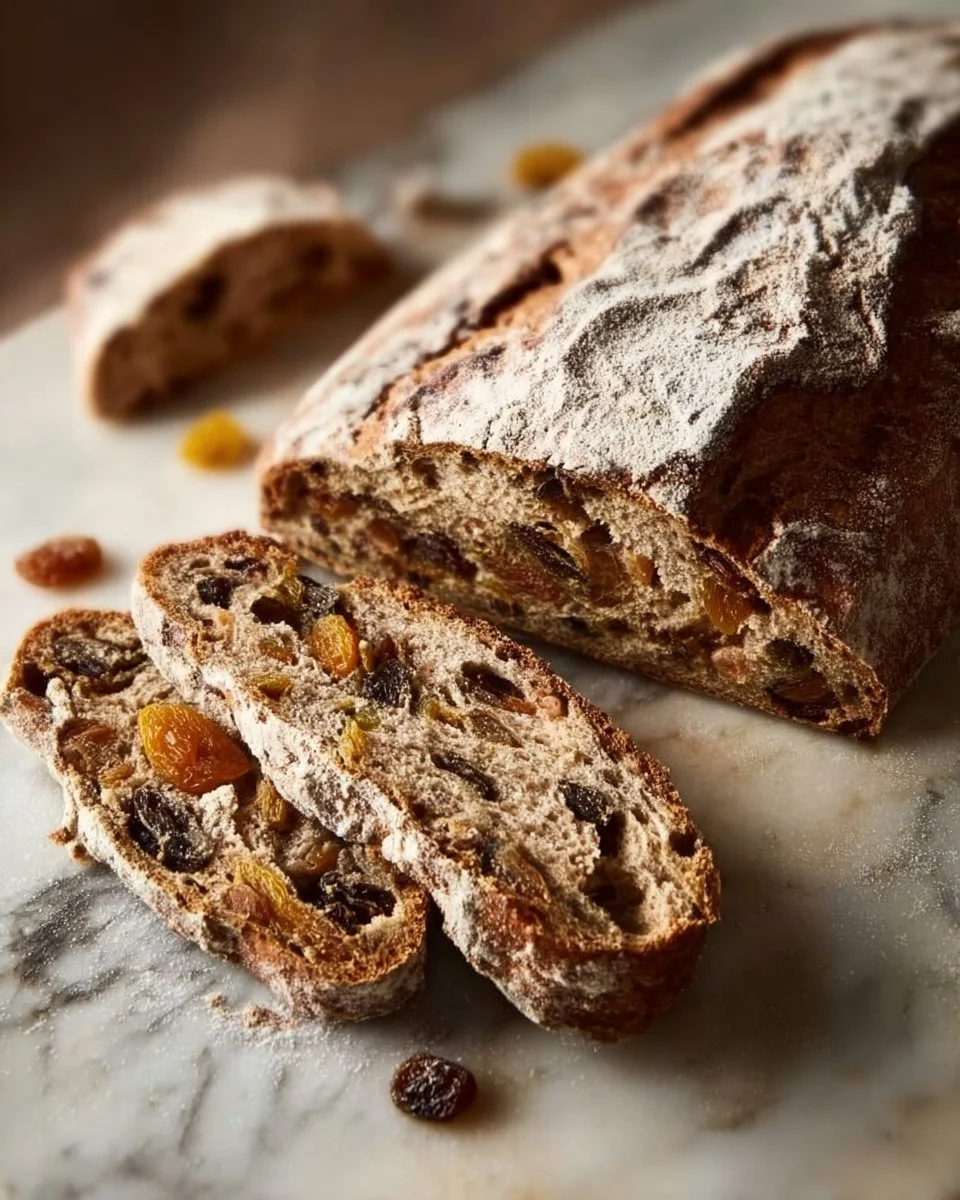 Loaf of nutty-fruity sourdough bread with nuts and dried fruit on a wooden table.
