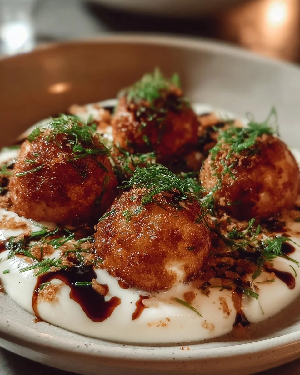 Delicious Parmesan–Asiago Cream drizzled with white balsamic honey and garnished with orange zest.