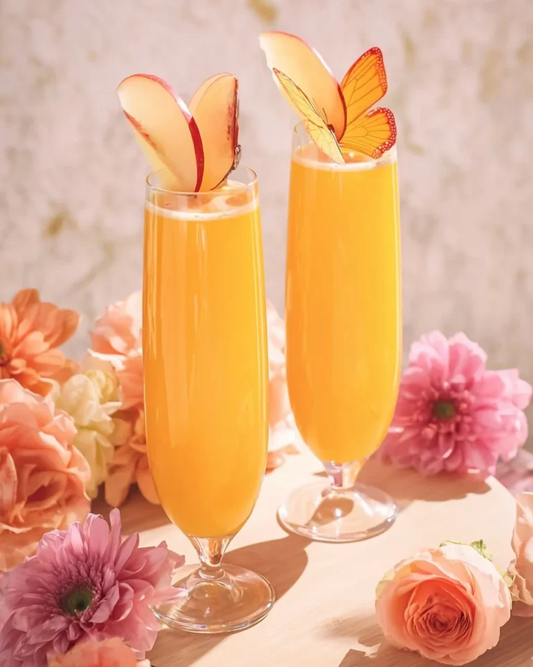 Refreshing Peach Bellini Mocktail with fresh peaches and bubbly