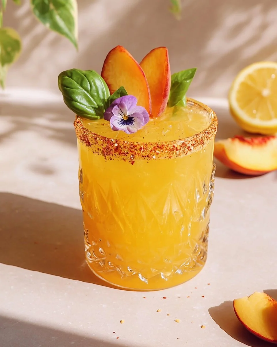 Delicious Peach Mocktail served in a glass with fresh peaches and mint leaves.