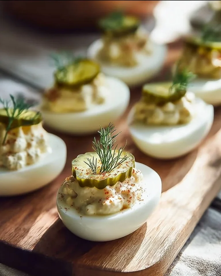 Pickle Lover Deviled Eggs garnished with pickles on a platter