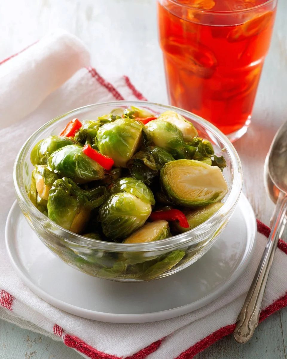 Jars of homemade pickled Brussels sprouts with spices and herbs.