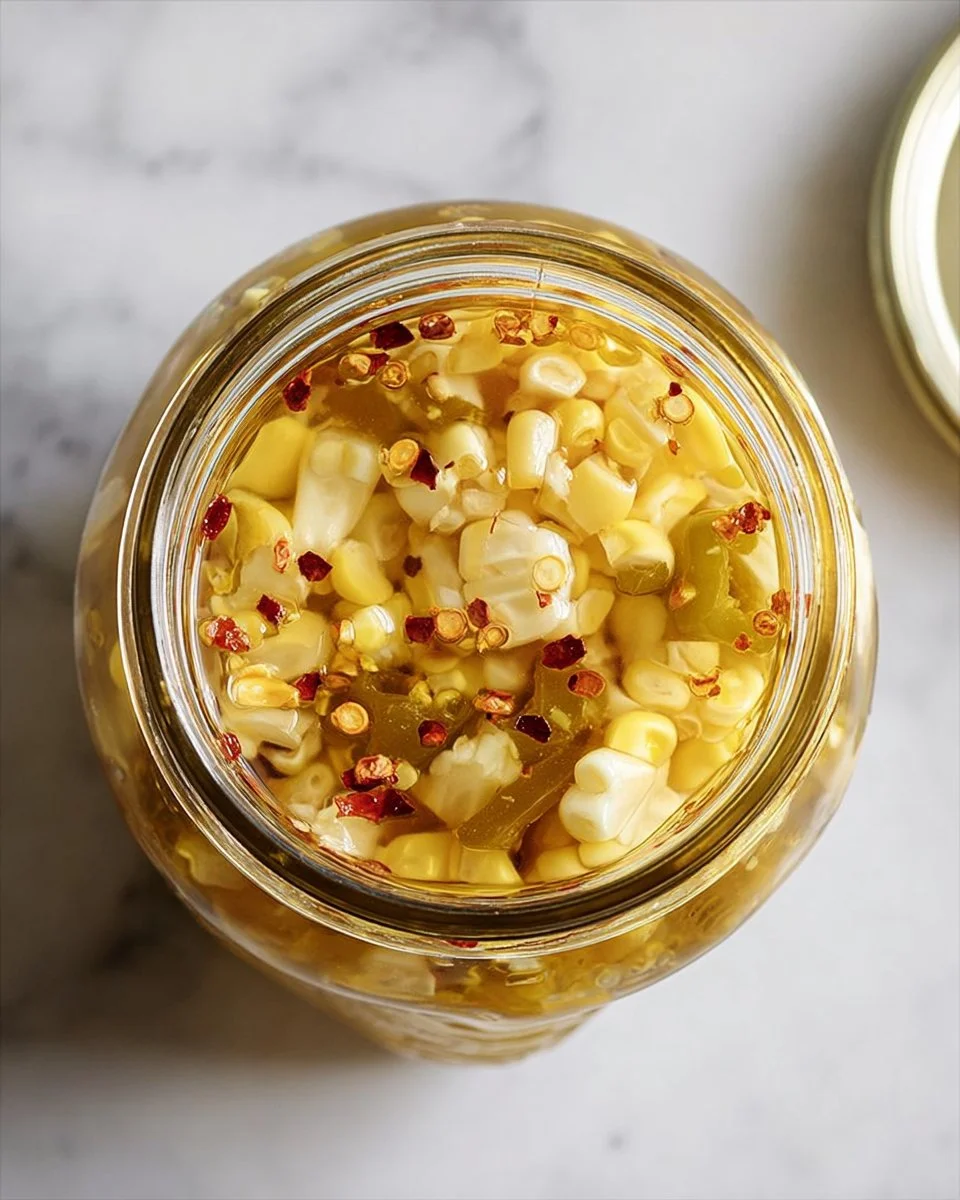 A jar of homemade pickled corn with vibrant colors and spices.