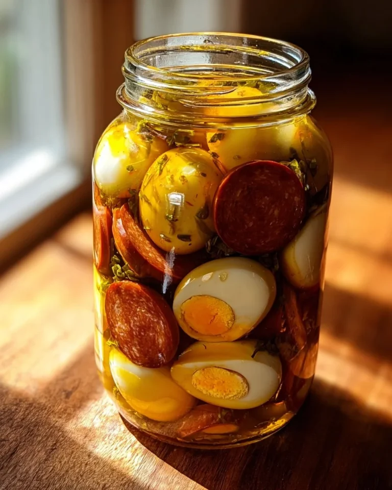 Homemade pickled eggs with sausage and onions in a jar