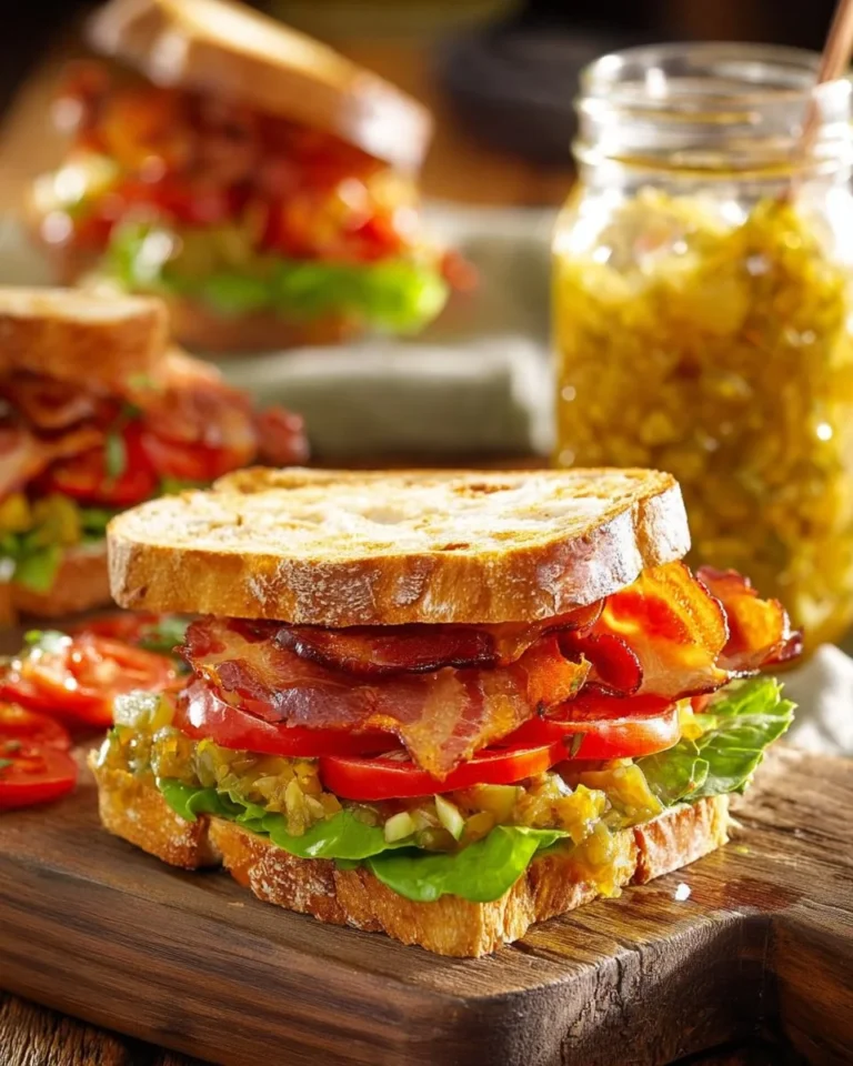 Jars of pickled green tomato relish on a wooden table
