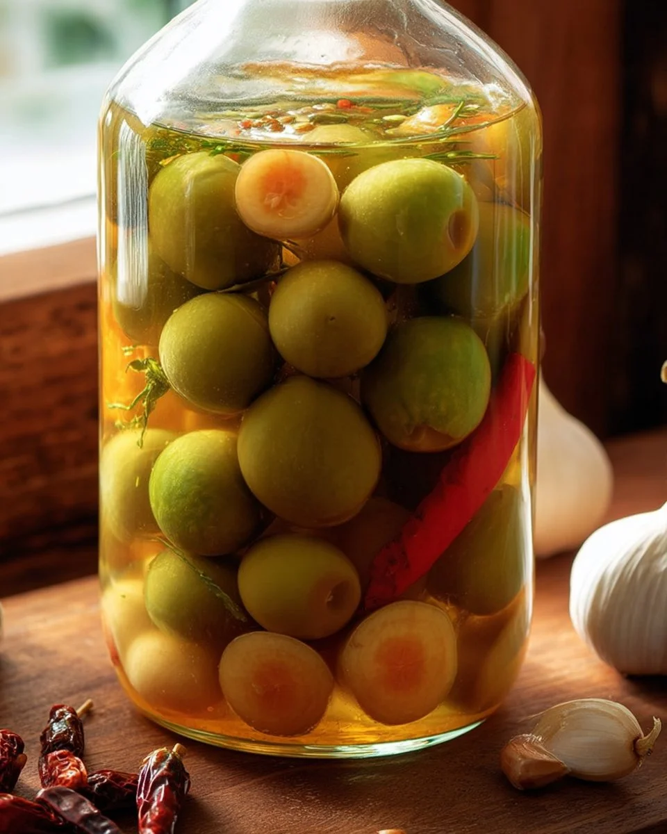 Jar of homemade pickled green tomatoes with herbs and spices
