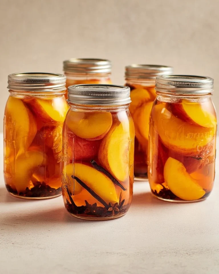 A jar of homemade pickled peaches ready to be enjoyed
