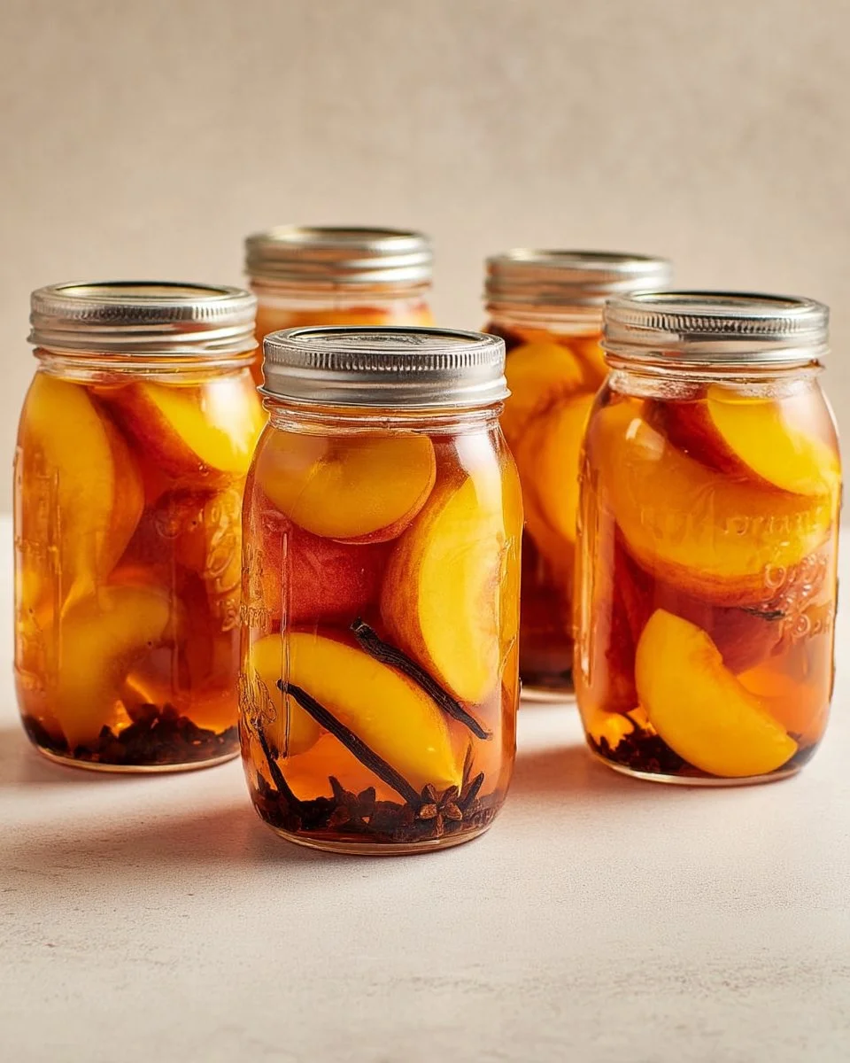 A jar of homemade pickled peaches ready to be enjoyed