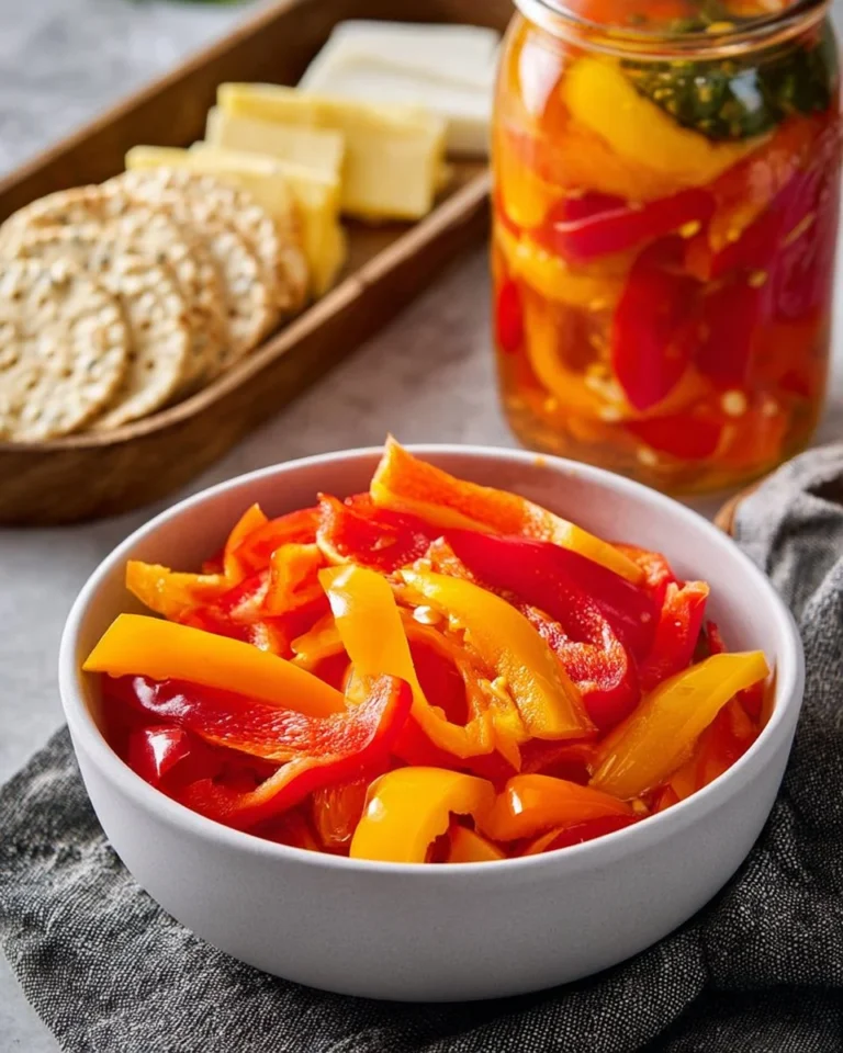 A jar of homemade pickled sweet peppers with vibrant colors and spices
