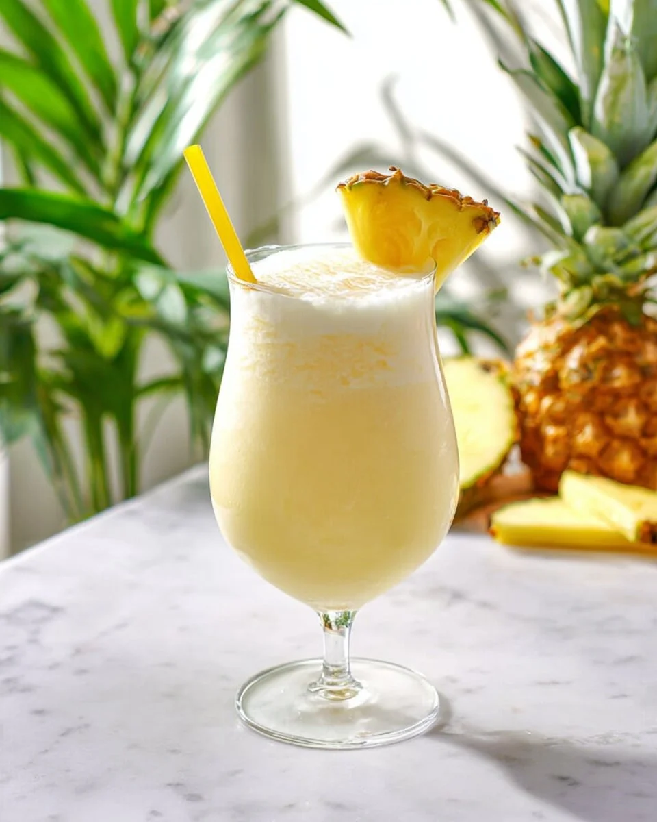 Pineapple Coconut Mocktail in a glass with tropical garnishes