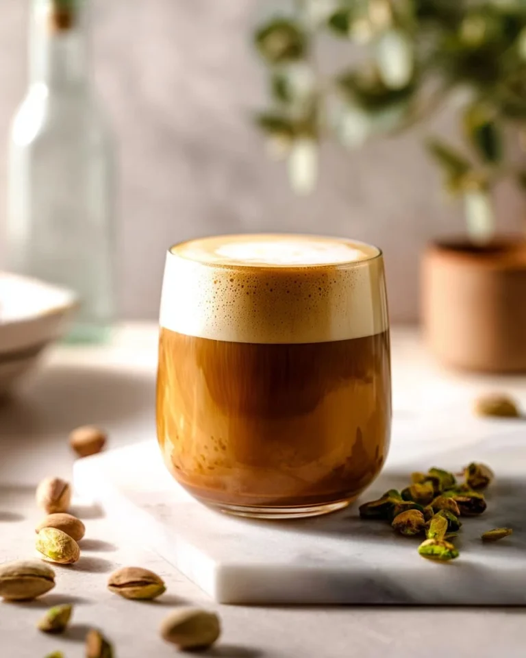 Delicious pistachio oat milk cortado served in a coffee cup