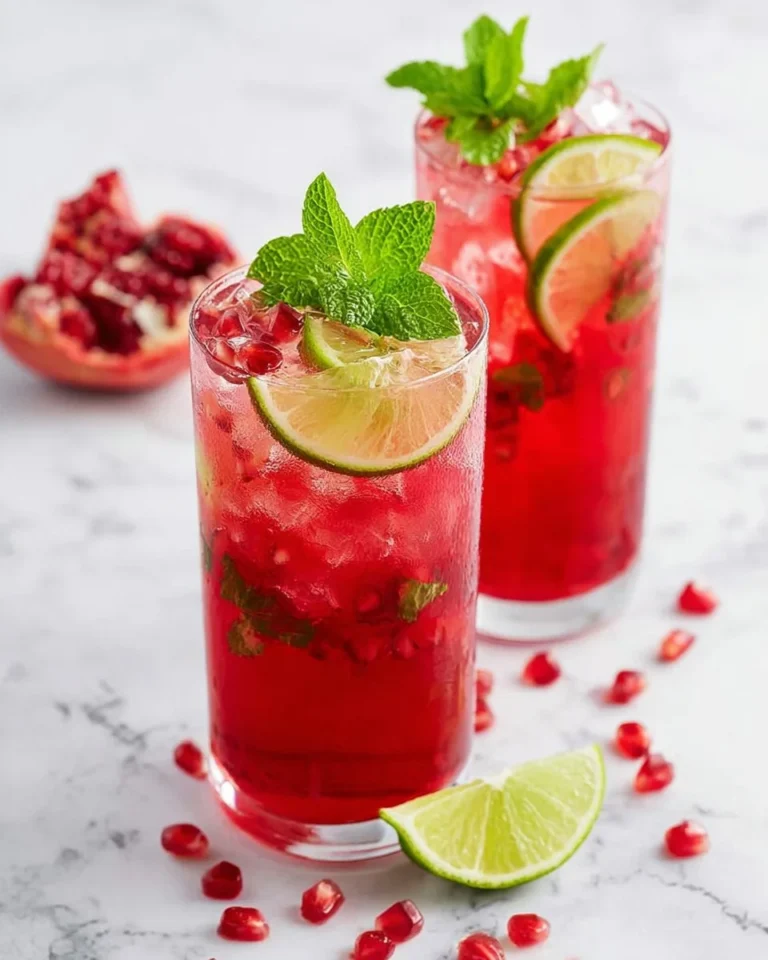 Refreshing pomegranate mocktail garnished with fresh mint and pomegranate seeds.