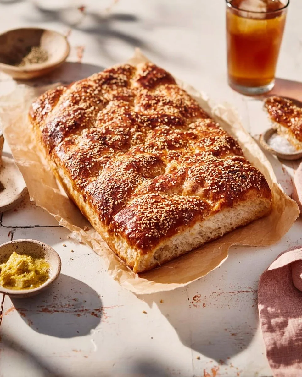 Freshly baked Pretzel Focaccia with coarse salt and herbs