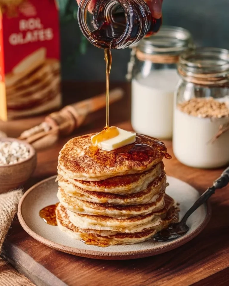 Delicious protein-packed oat pancakes topped with berries and syrup