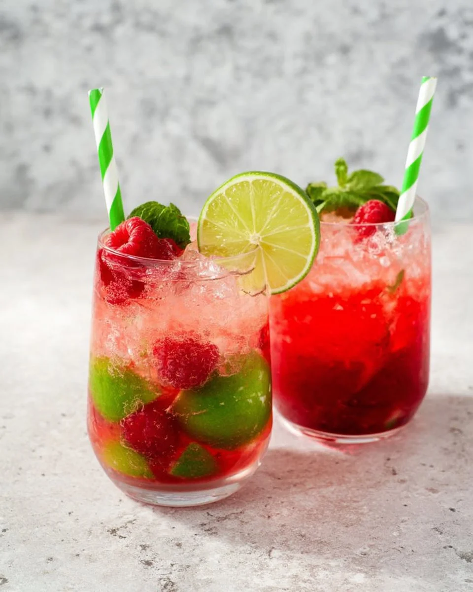 Refreshing Raspberry Mocktail served in a glass with fresh raspberries and mint.