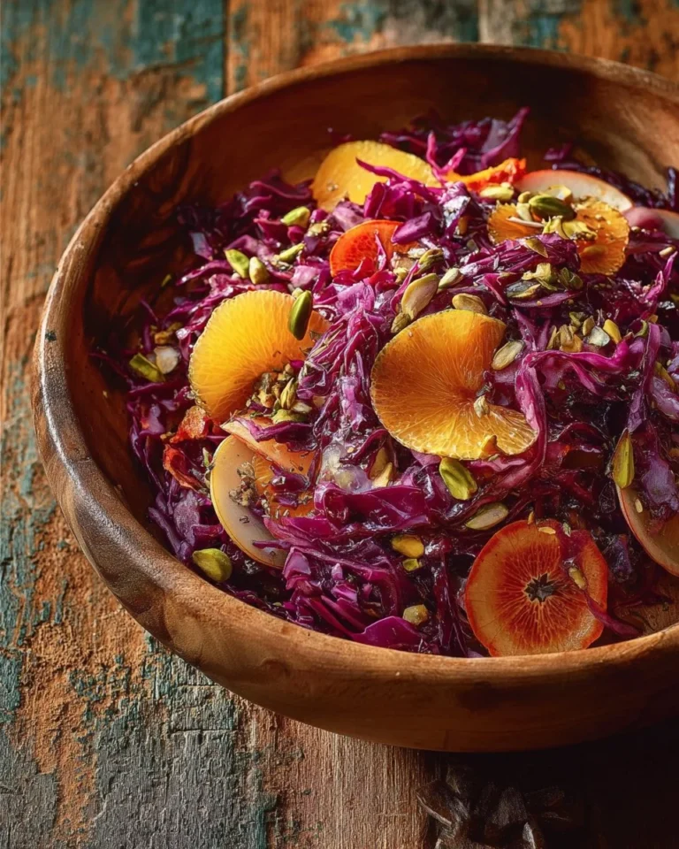 Red Cabbage and Clementine Salad topped with Pistachios in a bowl