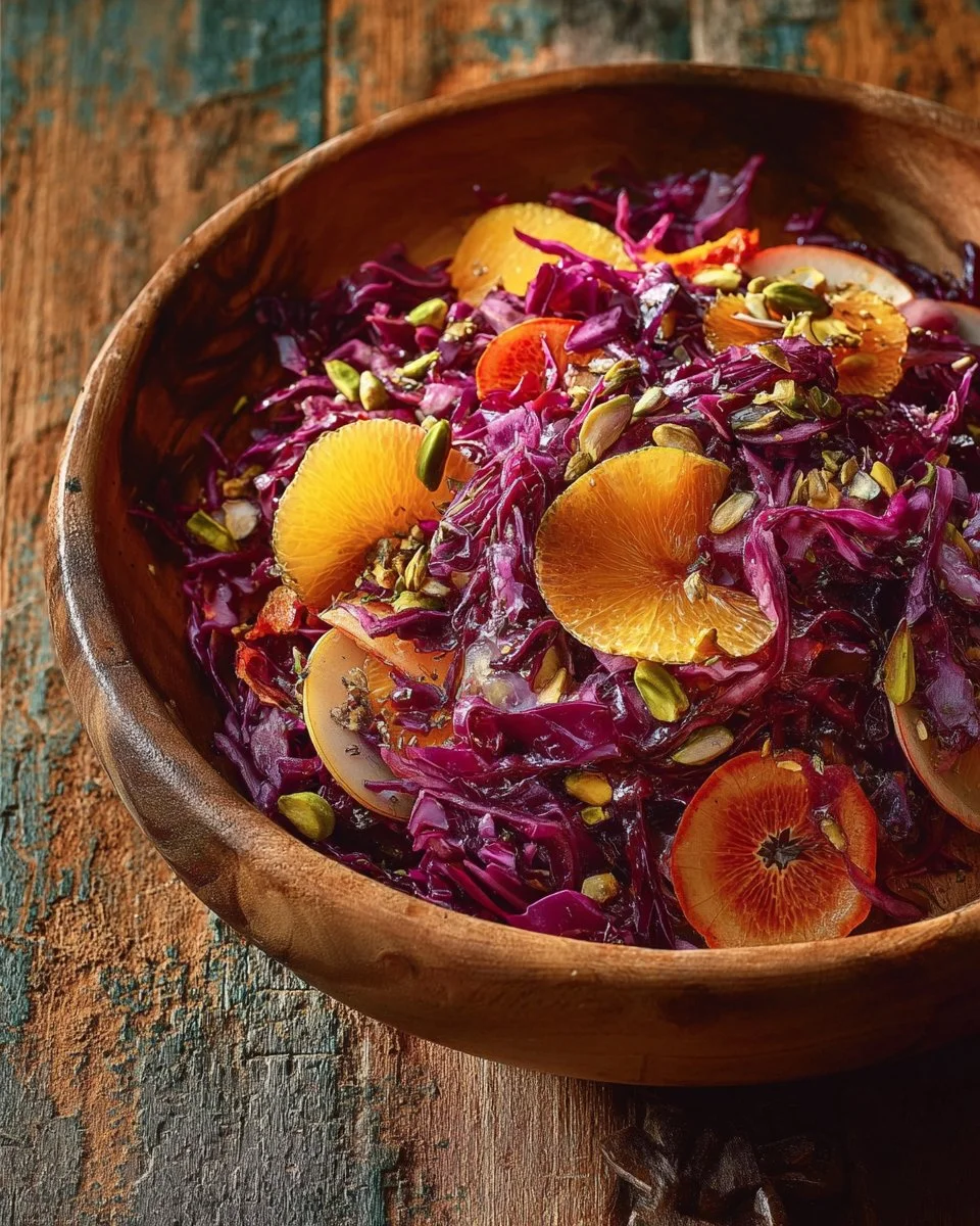 Red Cabbage and Clementine Salad topped with Pistachios in a bowl