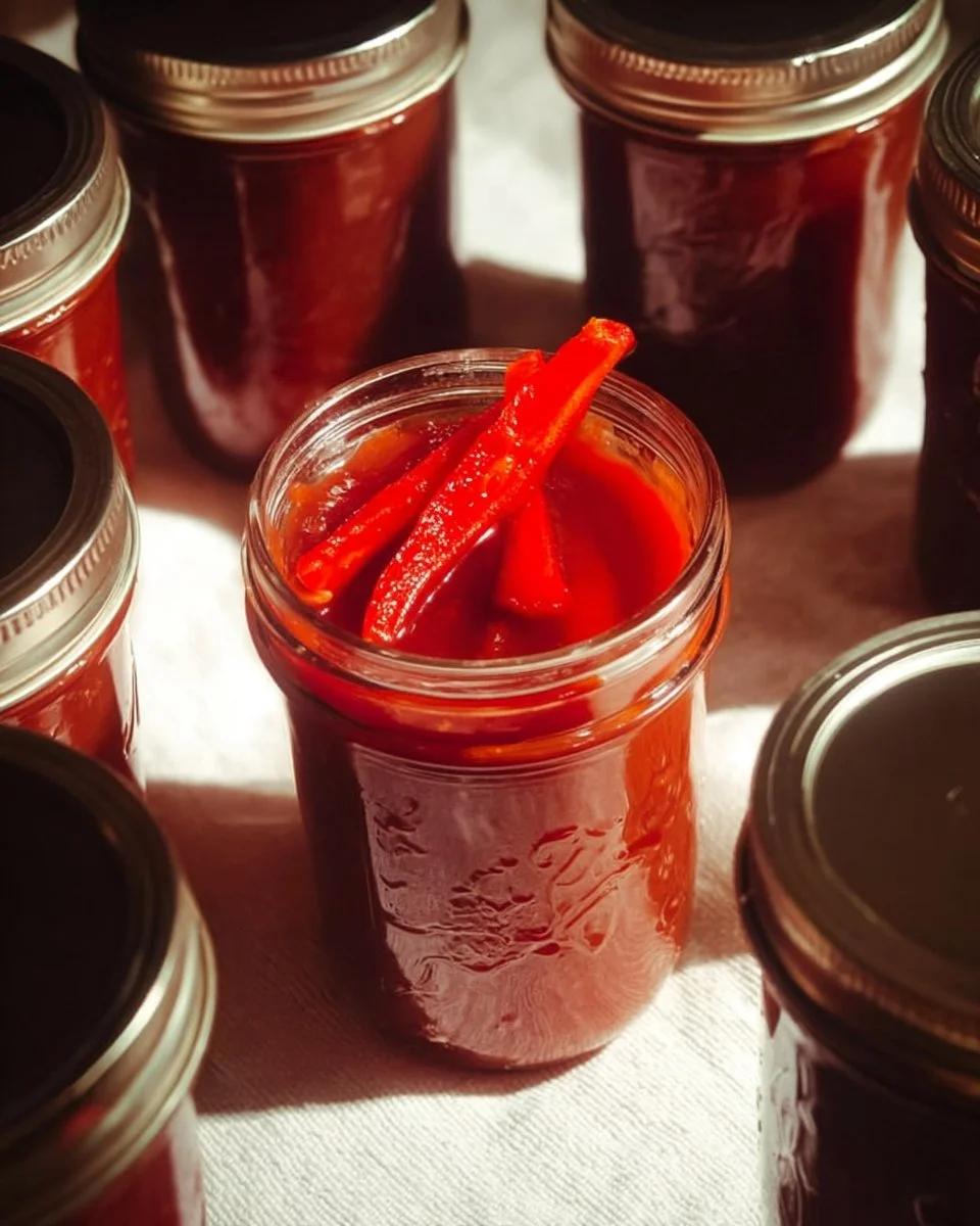 Jars of red-hot cinnamon pickles with a spicy glaze