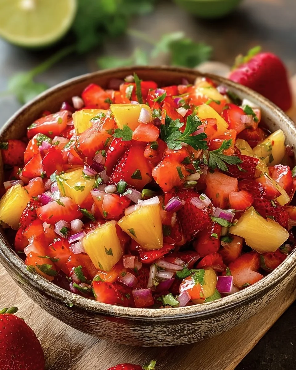 Bowl of refreshing strawberry pineapple salsa with fresh ingredients