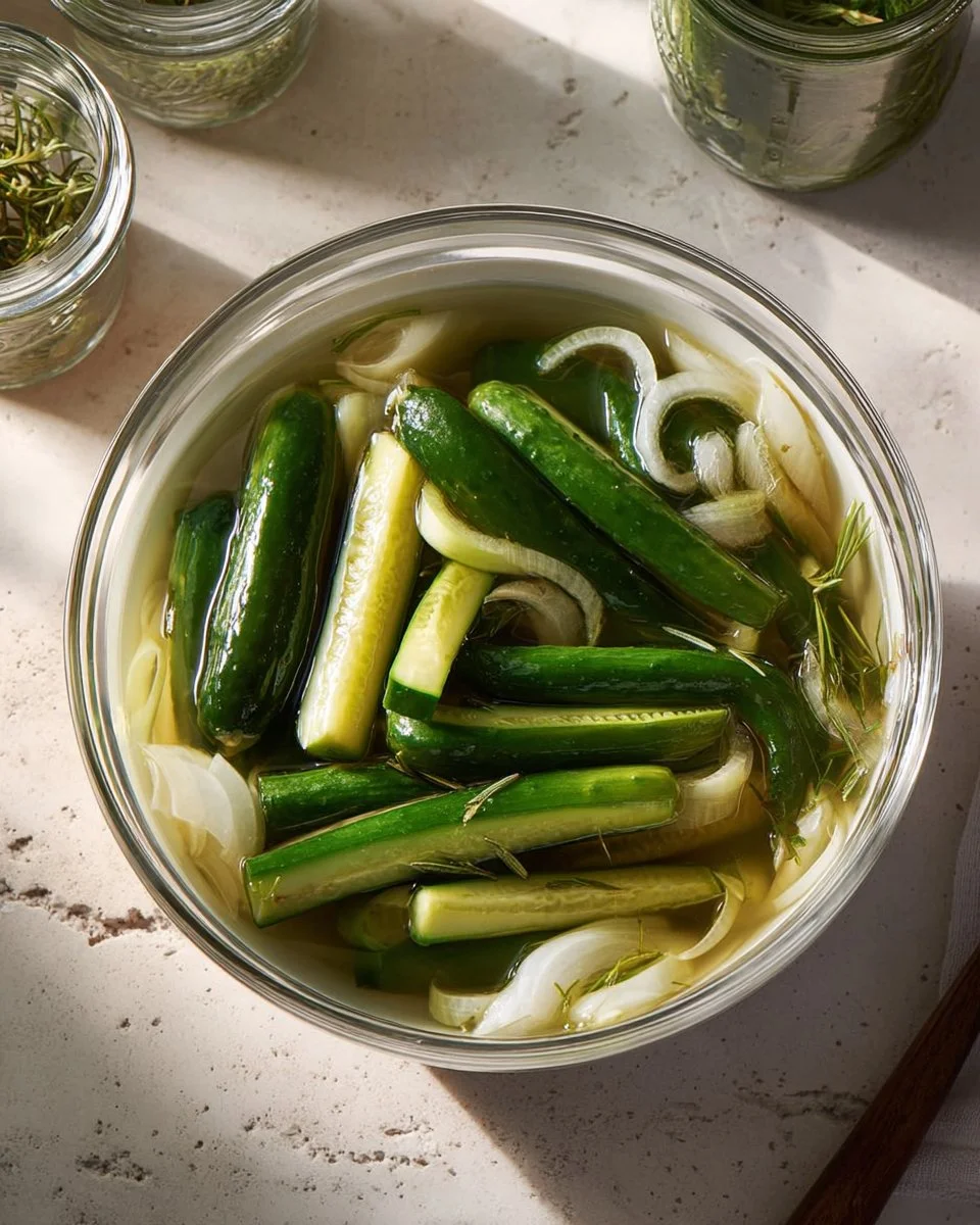 Homemade refrigerator dill pickles in a glass jar on a kitchen counter.