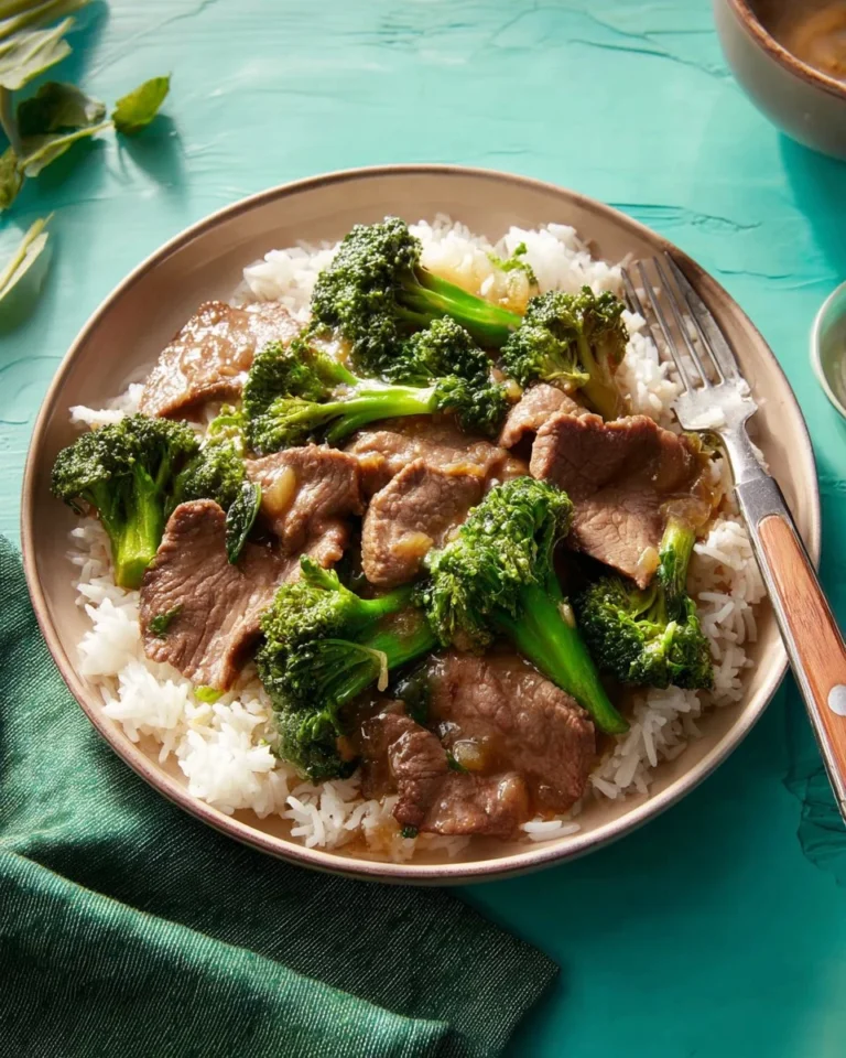 Plate of restaurant-style beef and broccoli with rice