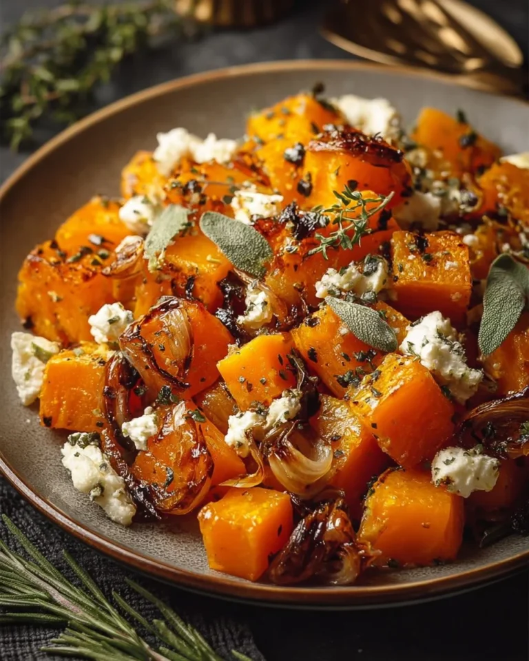 Roasted butternut squash with cranberries and goat cheese in a cozy dish