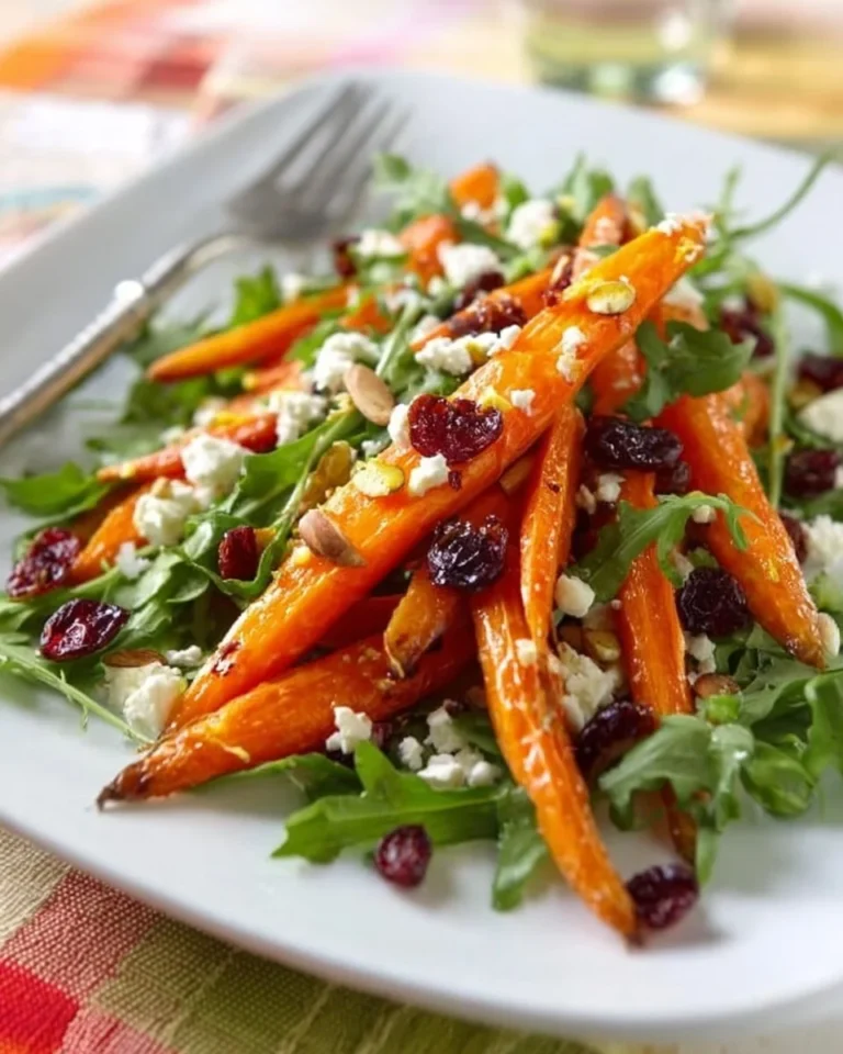 A colorful roasted carrot salad topped with herbs and nuts on a white plate