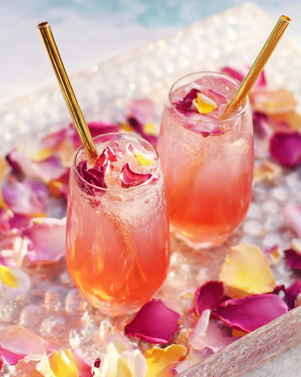 Glass of refreshing rose lemonade with garnished lemon slices and rose petals