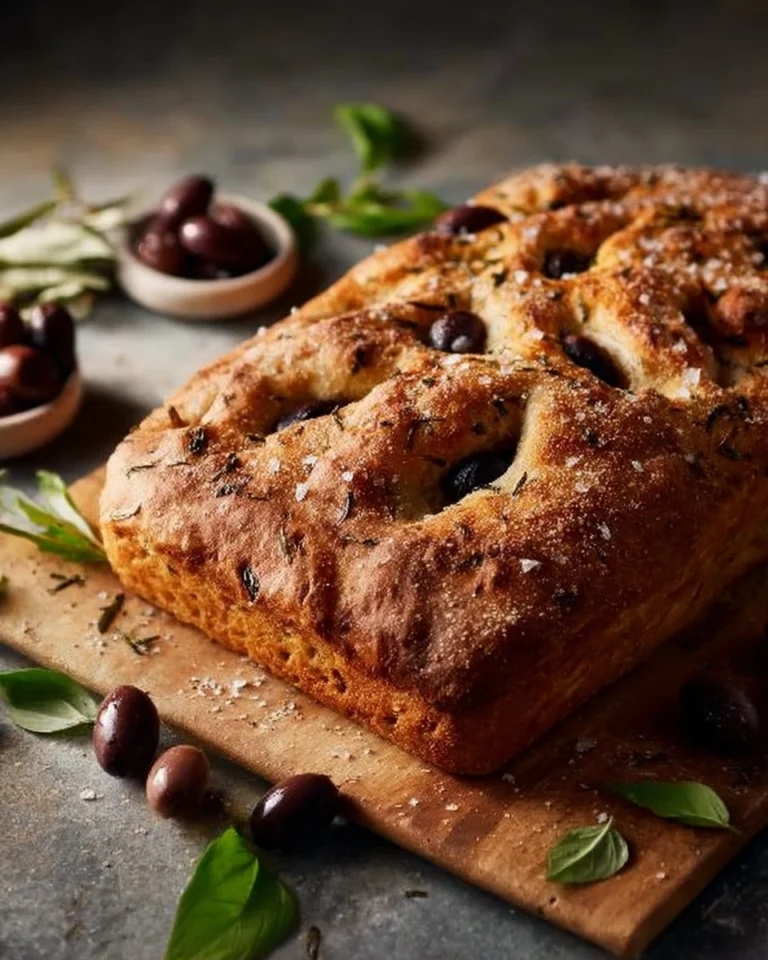 Homemade rustic olive flatbread baked to perfection with olives and herbs.