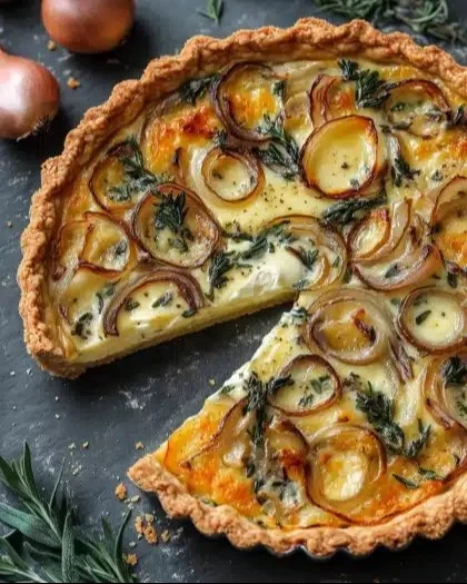 Savory Onion and Herb Tart with Creamy Cheese Filling: A Rustic Dish Full of Flavor