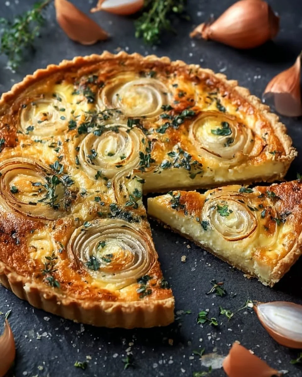 Savory Onion and Herb Tart with Creamy Cheese Filling: A Rustic Dish Full of Flavor