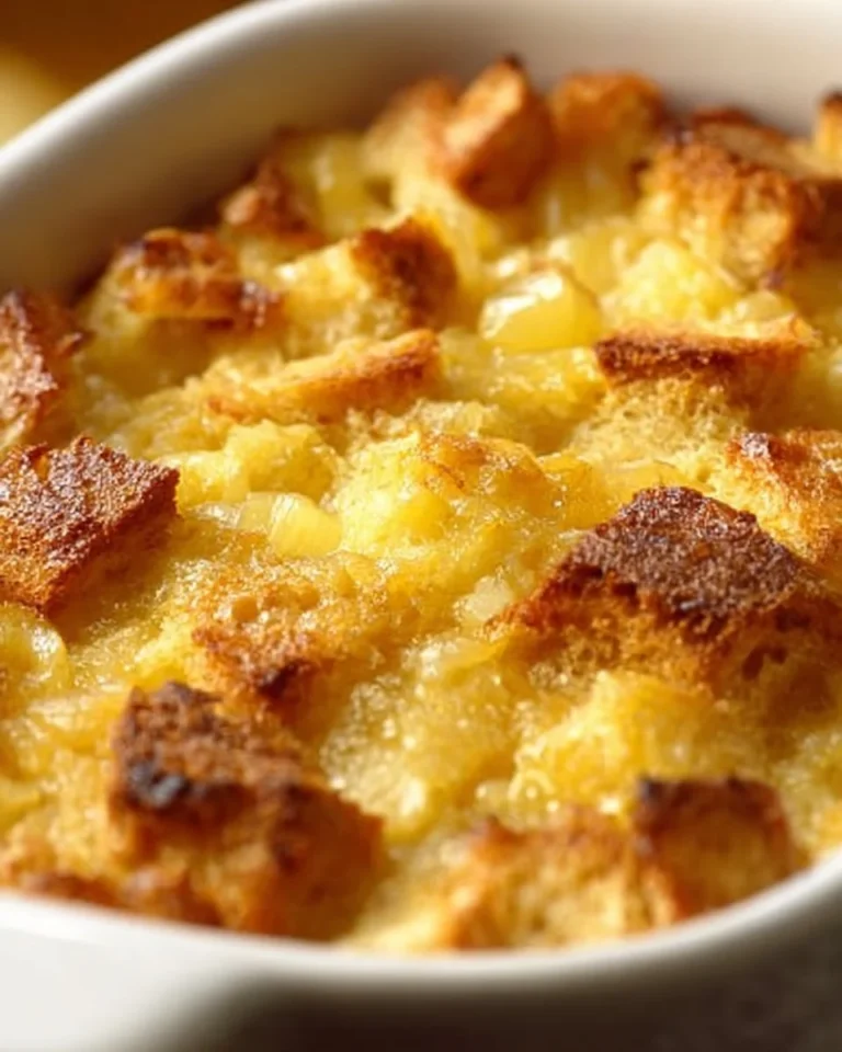Delicious scalloped pineapple casserole served in a dish with a golden brown topping.