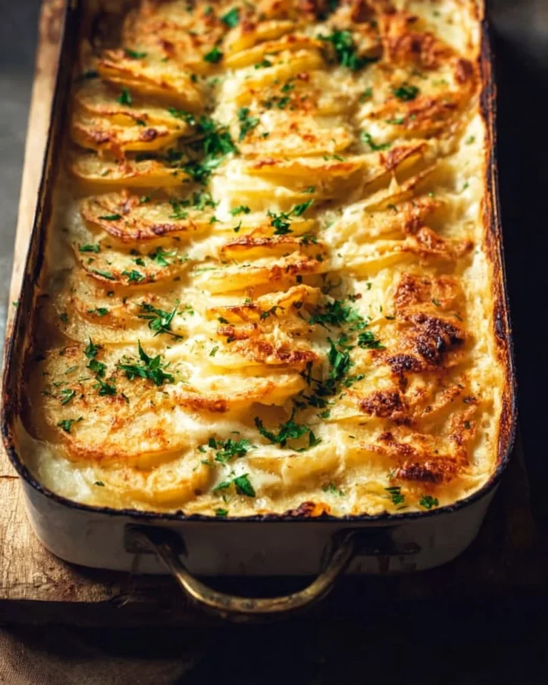 Delicious scalloped potatoes baked until golden and creamy.
