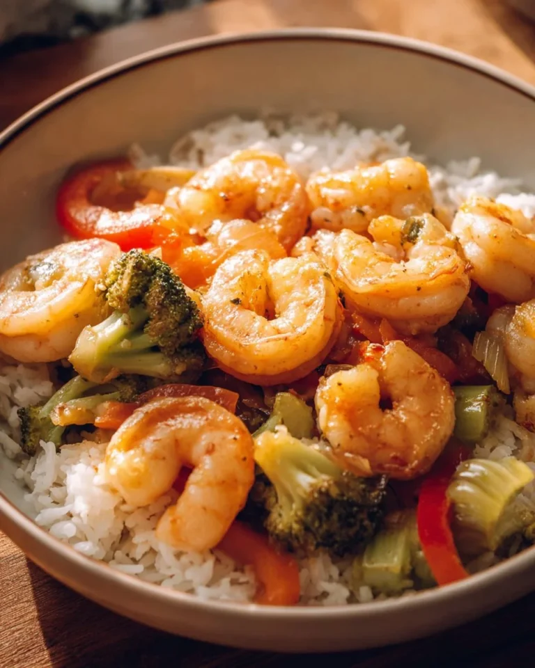 Colorful shrimp stir fry with vegetables in a vibrant sauce
