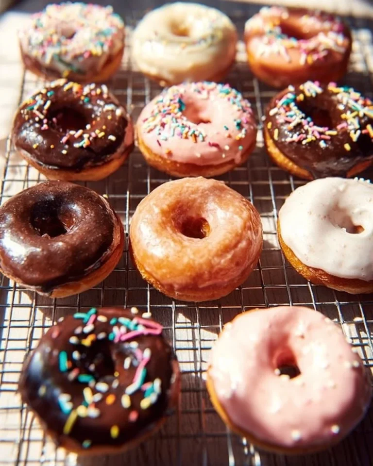 Freshly baked sour cream doughnuts on a cooling rack.