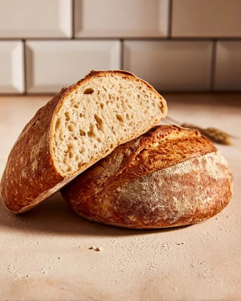 Freshly baked sourdough bread loaf on a wooden cutting board