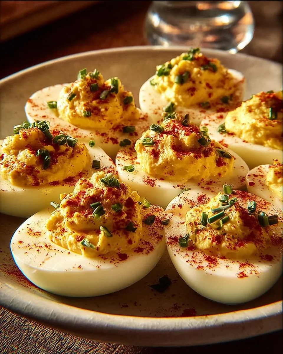 Southern-Style deviled eggs topped with paprika on a serving platter