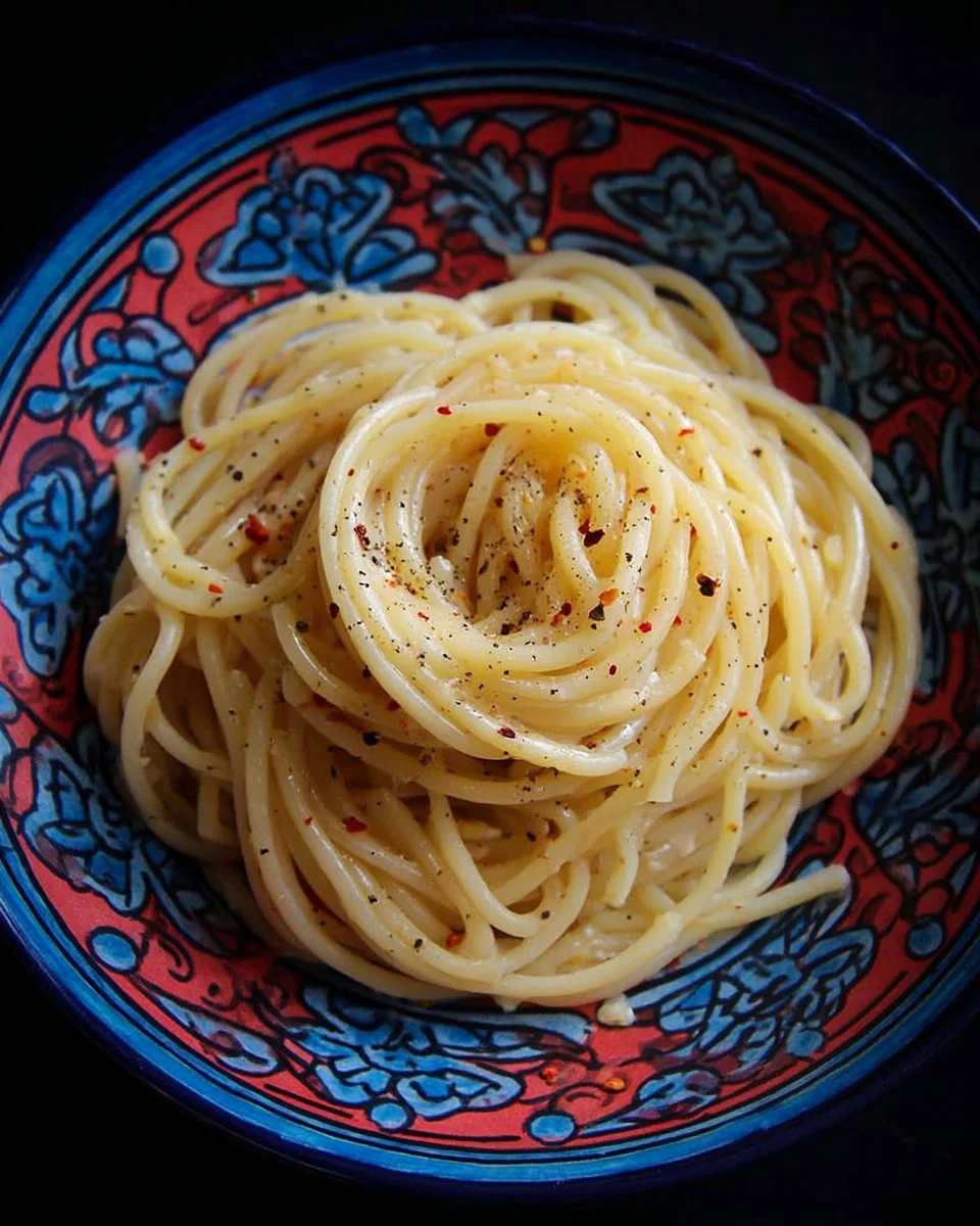 A bowl of spaghetti topped with cheese and pepper, a delicious pasta dish.