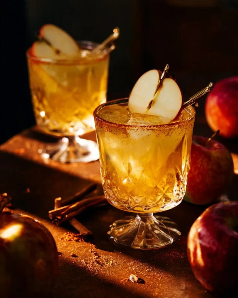 Spiced apple cider margarita garnished with cinnamon and apple slices in a glass