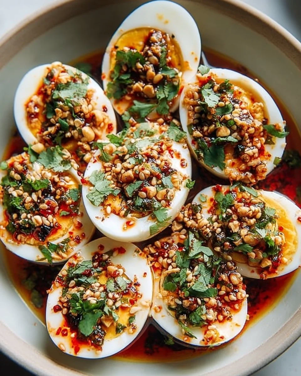 Spicy Chili Garlic Deviled Eggs on a serving platter
