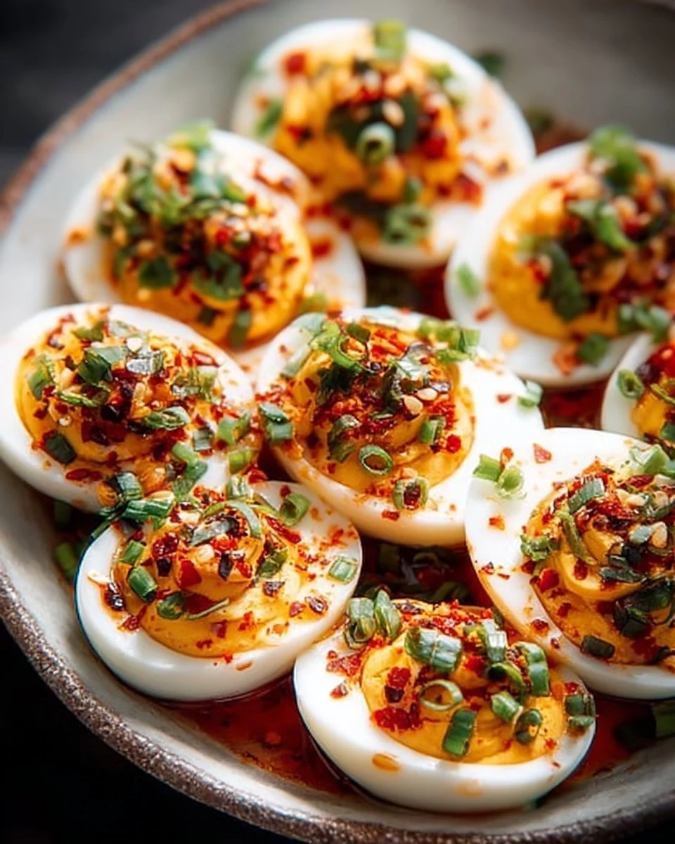 Spicy Chili Garlic Deviled Eggs